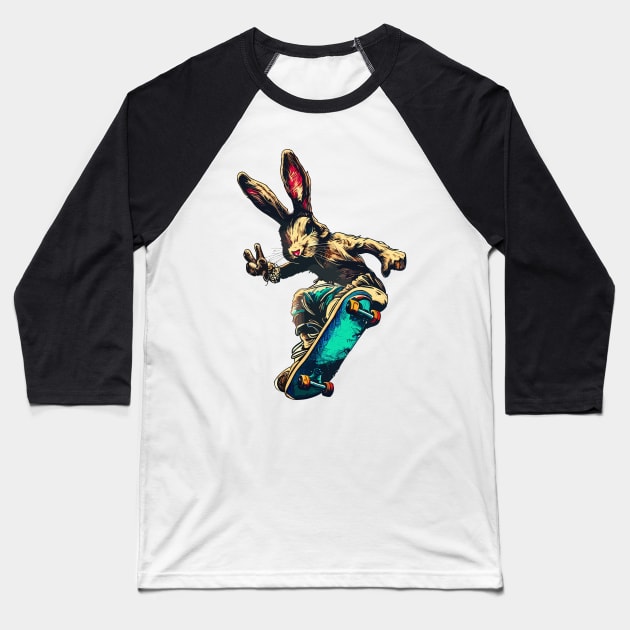 Cool retro rabbit on skateboard Baseball T-Shirt by TomFrontierArt